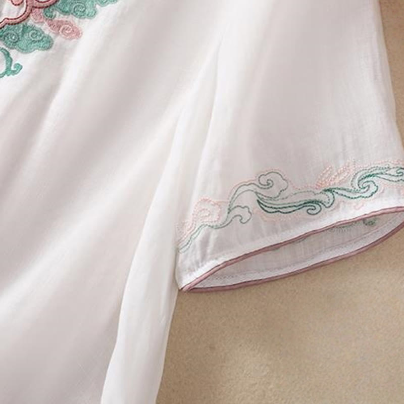 Buddha Stones Casual Retro Embroidery Frog-Button Design Women's Cotton Linen Half Sleeve Shirt - image 14