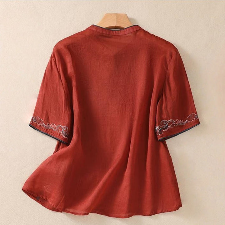 Buddha Stones Casual Retro Embroidery Frog-Button Design Women's Cotton Linen Half Sleeve Shirt - image 18
