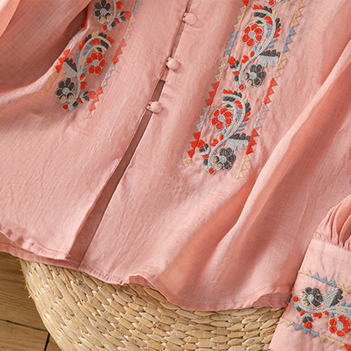 Buddha Stones Vintage Embroidery Single Row Multi-Button Placket Design Women's Cotton Linen Long Lantern Sleeve Shirt - image 9
