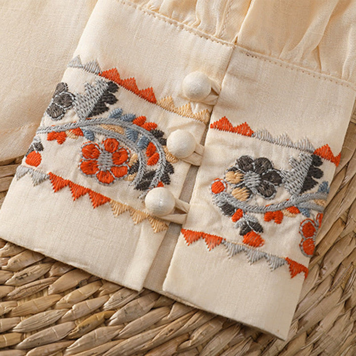 Buddha Stones Vintage Embroidery Single Row Multi-Button Placket Design Women's Cotton Linen Long Lantern Sleeve Shirt - image 4