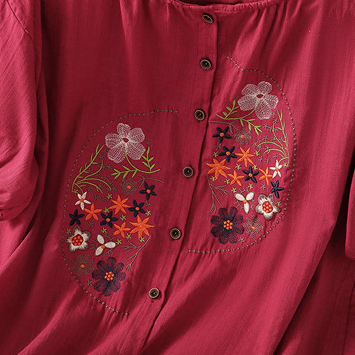 Buddha Stones Vintage Asymmetrical Embroidery Flower Plant Pattern Women's Cotton Linen Short Sleeve Jacket Shirt - image 11