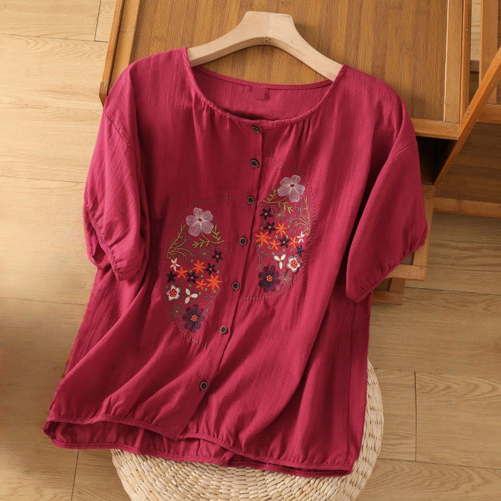 Buddha Stones Vintage Asymmetrical Embroidery Flower Plant Pattern Women's Cotton Linen Short Sleeve Jacket Shirt - Crimson - US14，UK/AU18，EU46 (2XL) - image 7