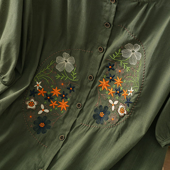 Buddha Stones Vintage Asymmetrical Embroidery Flower Plant Pattern Women's Cotton Linen Short Sleeve Jacket Shirt - image 4