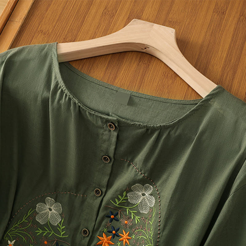 Buddha Stones Vintage Asymmetrical Embroidery Flower Plant Pattern Women's Cotton Linen Short Sleeve Jacket Shirt - image 2
