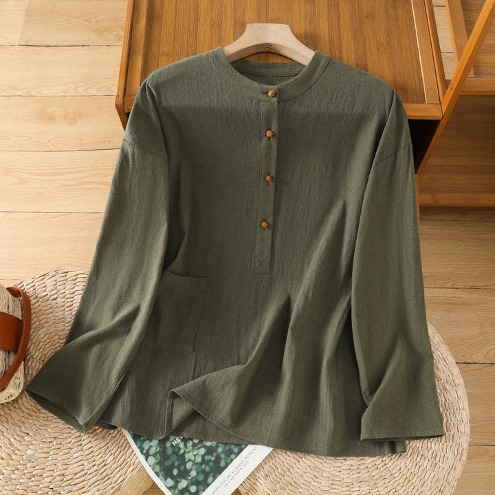 Buddha Stones Summer Casual Pure Color Half Button Simple Design Women's Cotton Linen Half Sleeve Shirt With Pocket - DarkOliveGreen - US12，UK/AU16，EU44 (2XL) - image 6