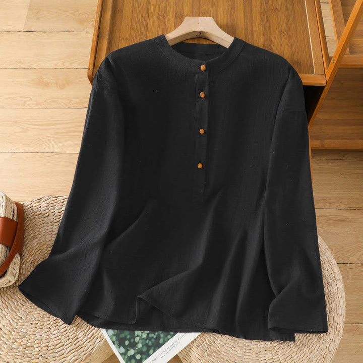 Buddha Stones Summer Casual Pure Color Half Button Simple Design Women's Cotton Linen Half Sleeve Shirt With Pocket - Black - US12，UK/AU16，EU44 (2XL) - image 12