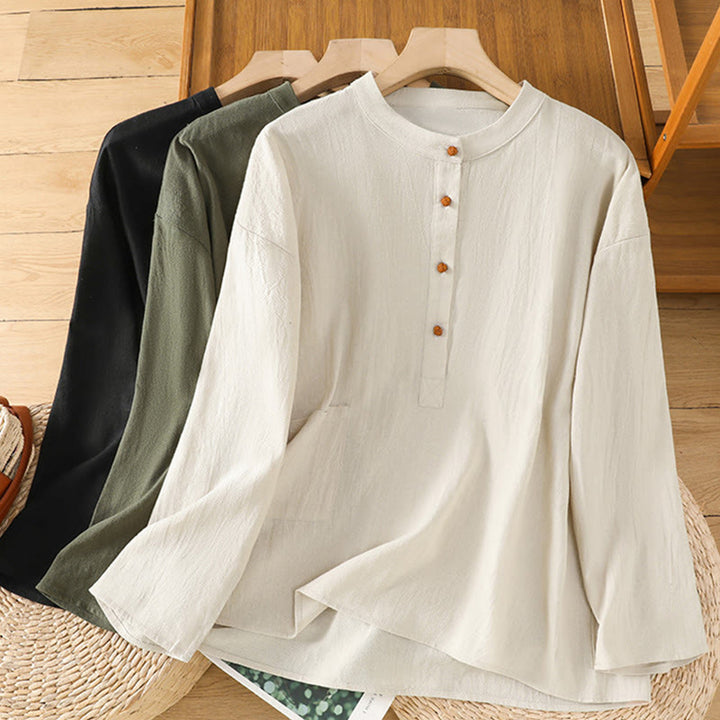 Buddha Stones Summer Casual Pure Color Half Button Simple Design Women's Cotton Linen Half Sleeve Shirt With Pocket - image 21