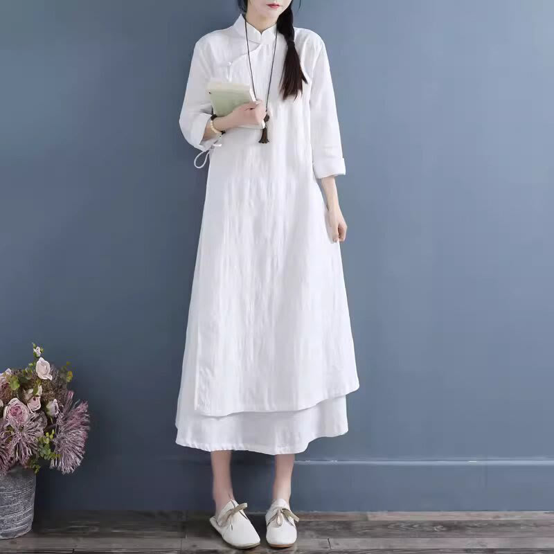 Buddha Stones Spring Casual Plain Frog-Button Design Side Lace-Up Cotton Linen Midi Dress - image 2