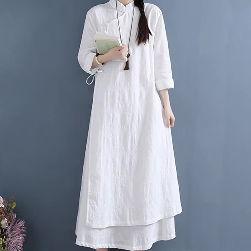 Buddha Stones Spring Casual Plain Frog-Button Design Side Lace-Up Cotton Linen Midi Dress - image 1