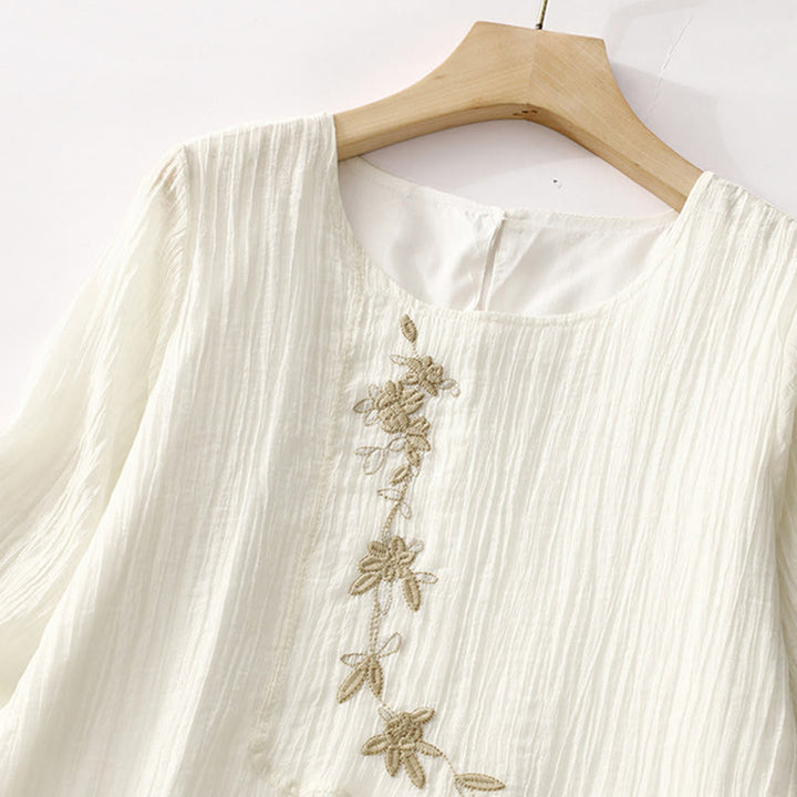 Buddha Stones Summer Casual Plain Embroidery Double Layer Short Sleeve Cotton Linen Midi Dress - image 11