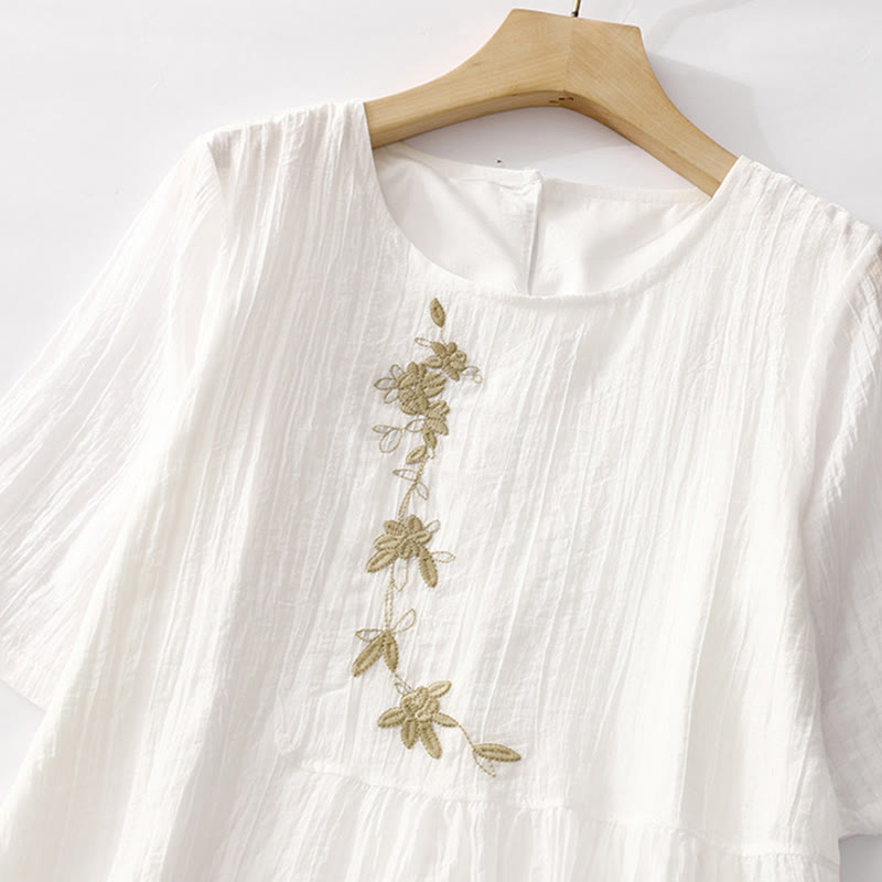 Buddha Stones Summer Casual Plain Embroidery Double Layer Short Sleeve Cotton Linen Midi Dress - image 22