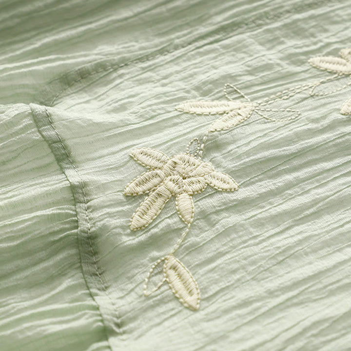 Buddha Stones Summer Casual Plain Embroidery Double Layer Short Sleeve Cotton Linen Midi Dress - image 2