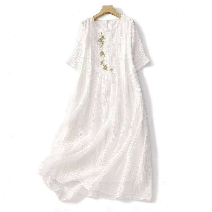 Buddha Stones Summer Casual Plain Embroidery Double Layer Short Sleeve Cotton Linen Midi Dress - White - US8-10，UK/AU12-14，EU40-42 (2XL) - image 21
