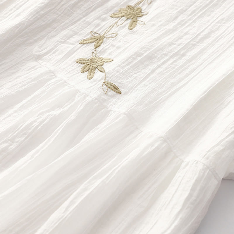 Buddha Stones Summer Casual Plain Embroidery Double Layer Short Sleeve Cotton Linen Midi Dress - image 24