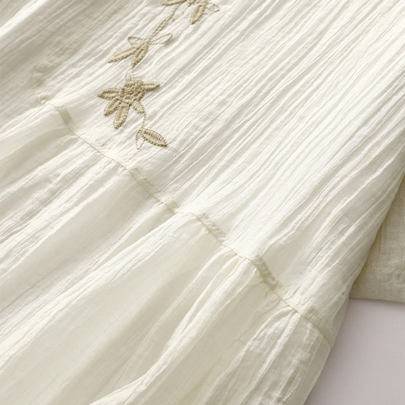 Buddha Stones Summer Casual Plain Embroidery Double Layer Short Sleeve Cotton Linen Midi Dress - image 13