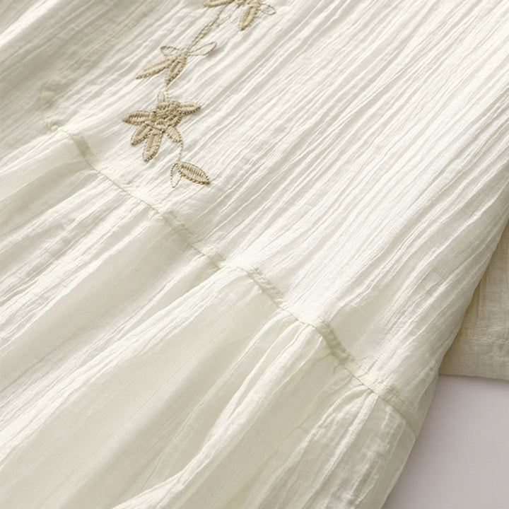 Buddha Stones Summer Casual Plain Embroidery Double Layer Short Sleeve Cotton Linen Midi Dress - image 13