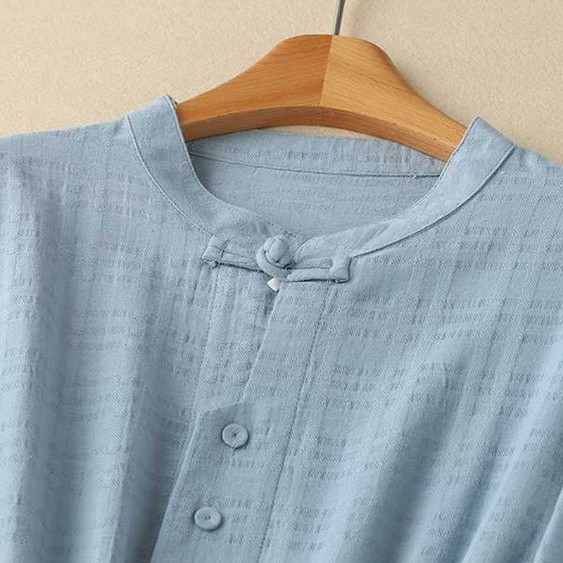 Buddha Stones Retro Solid Color Drawstring Frog-Button Design Long Sleeve Cotton Linen Midi Dress With Pockets - image 1