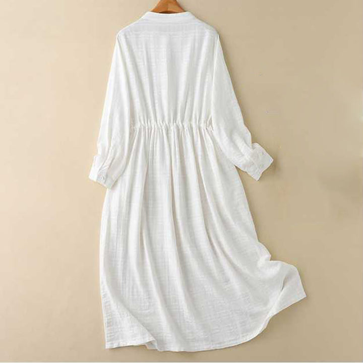 Buddha Stones Retro Solid Color Drawstring Frog-Button Design Long Sleeve Cotton Linen Midi Dress With Pockets - image 7