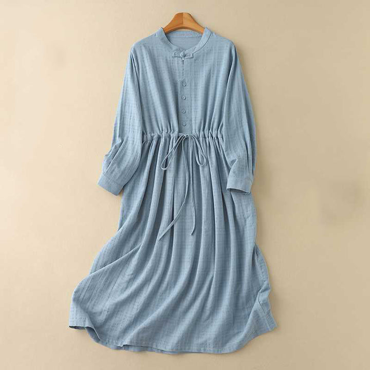 Buddha Stones Retro Solid Color Drawstring Frog-Button Design Long Sleeve Cotton Linen Midi Dress With Pockets - CornflowerBlue - US8-10，UK/AU12-14，EU40-42 (2XL) - image 0