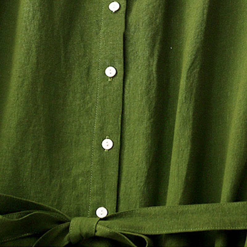 Buddha Stones Summer Plain Lace-up Button Front Design Lapel Sleeveless Cotton Midi Dress - image 10