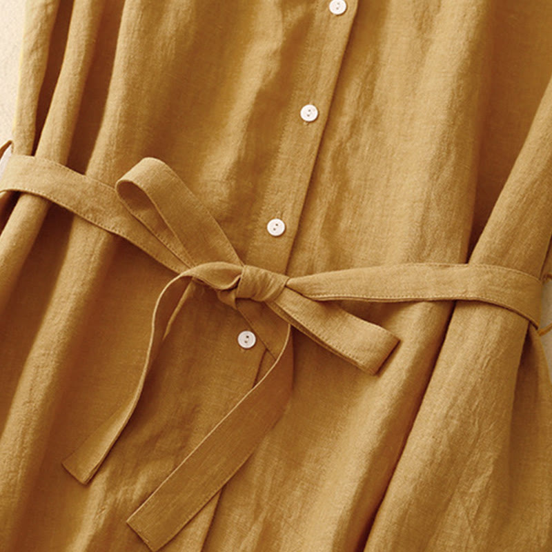 Buddha Stones Summer Plain Lace-up Button Front Design Lapel Sleeveless Cotton Midi Dress - image 3