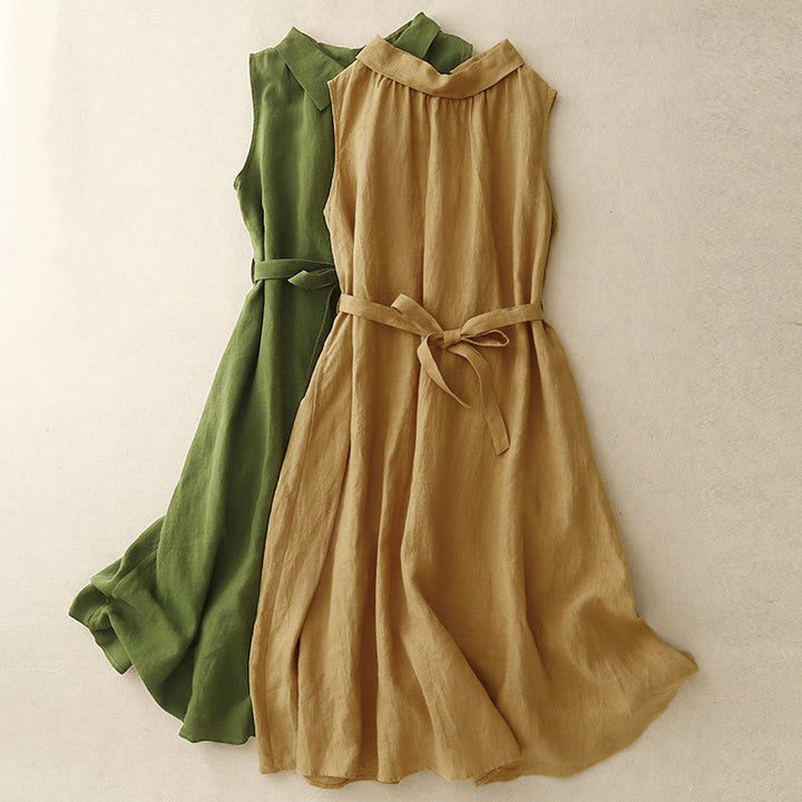 Buddha Stones Summer Plain Lace-up Button Front Design Lapel Sleeveless Cotton Midi Dress Cardigan - image 14