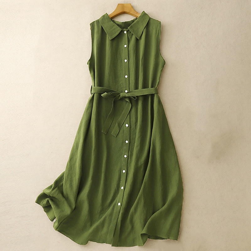 Buddha Stones Summer Plain Lace-up Button Front Design Lapel Sleeveless Cotton Midi Dress - ForestGreen - US12，UK/AU16，EU44 (2XL) - image 8