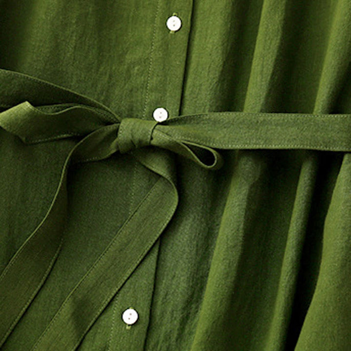 Buddha Stones Summer Plain Lace-up Button Front Design Lapel Sleeveless Cotton Midi Dress - image 11