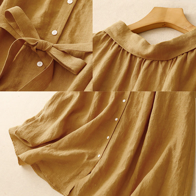 Buddha Stones Summer Plain Lace-up Button Front Design Lapel Sleeveless Cotton Midi Dress - image 7