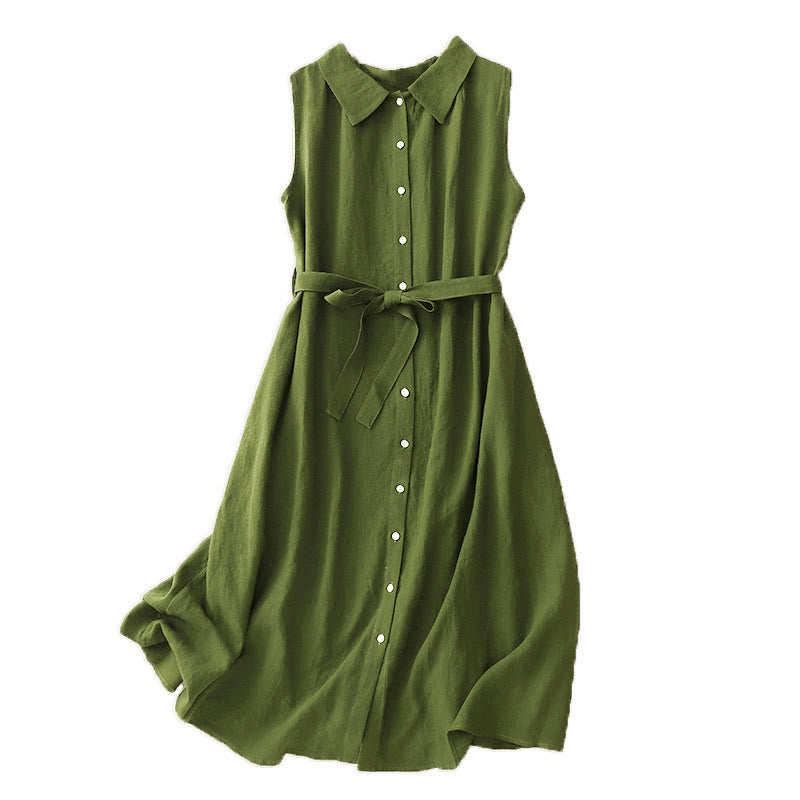 Buddha Stones Summer Plain Lace-up Button Front Design Lapel Sleeveless Cotton Midi Dress - image 13