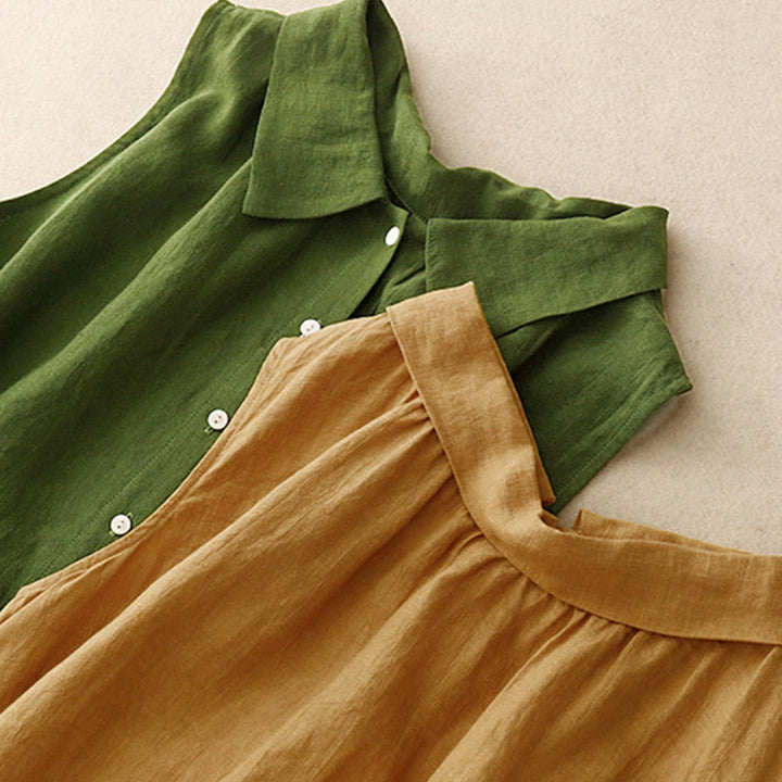 Buddha Stones Summer Plain Lace-up Button Front Design Lapel Sleeveless Cotton Midi Dress - image 15