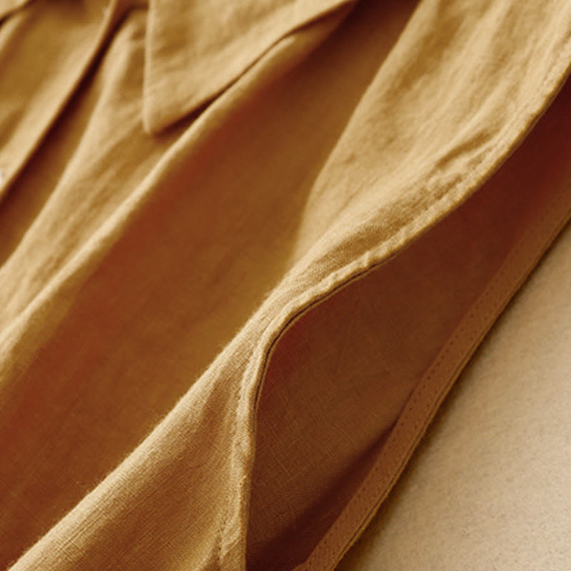 Buddha Stones Summer Plain Lace-up Button Front Design Lapel Sleeveless Cotton Midi Dress - image 6