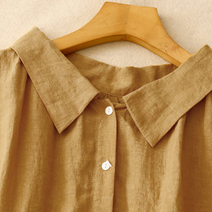 Buddha Stones Summer Plain Lace-up Button Front Design Lapel Sleeveless Cotton Midi Dress - image 2