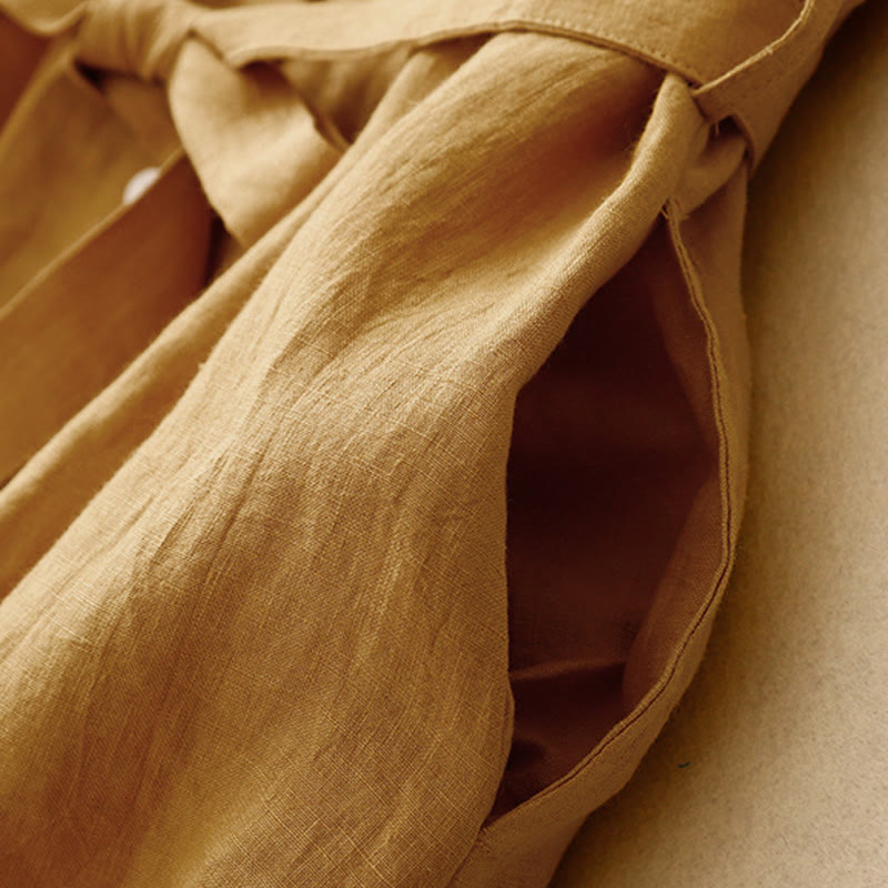 Buddha Stones Summer Plain Lace-up Button Front Design Lapel Sleeveless Cotton Midi Dress - image 4