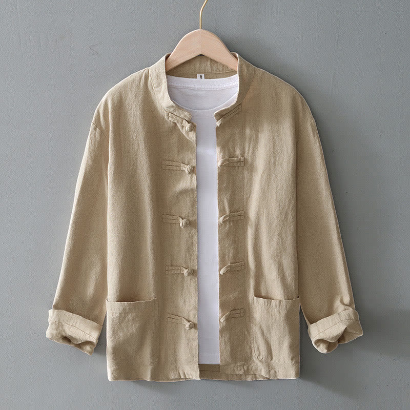 Buddha Stones Frog-Button Chinese Tang Suit Cotton Linen Men Jacket Shirt With Pockets - Beige - US/UK/AU50，EU60 (5XL) - image 23
