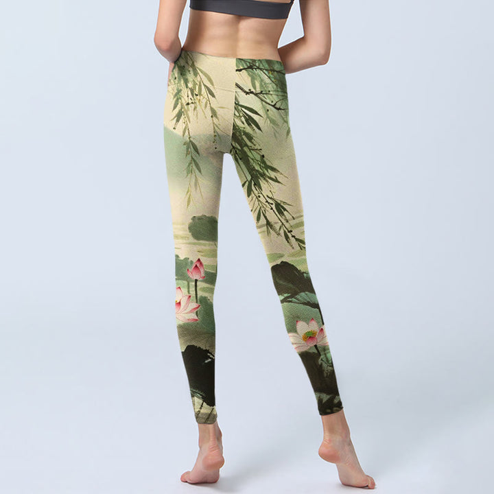 Buddha Stones Pink Lotus Flower Lotus Leaves Willow Branch Pattern Print Gym Leggings Women's Yoga Pants - image 6