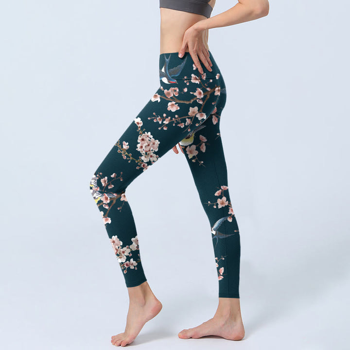 Buddha Stones Sparrow Swallow Peach Blossom Pattern Print Gym Leggings Women's Yoga Pants - image 2
