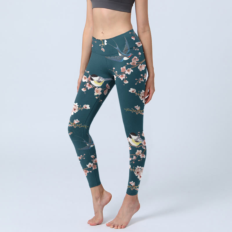 Buddha Stones Sparrow Swallow Peach Blossom Pattern Print Gym Leggings Women's Yoga Pants - DarkSlateGray - US18，UK/AU22，EU50 (4XL) - image 0