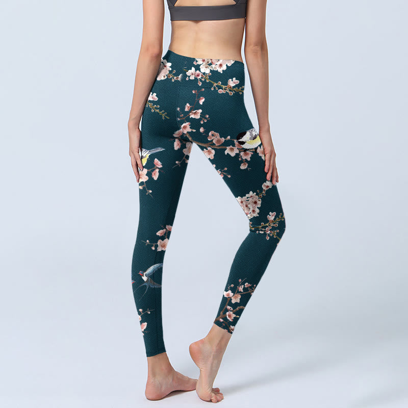 Buddha Stones Sparrow Swallow Peach Blossom Pattern Print Gym Leggings Women's Yoga Pants - image 3