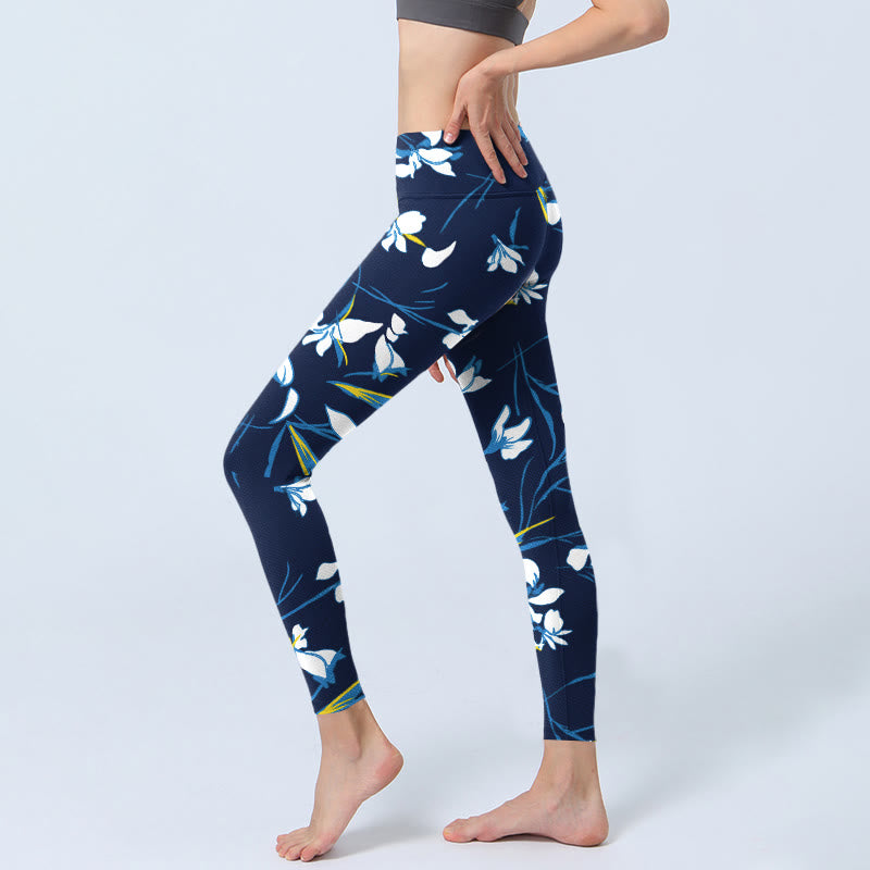 Buddha Stones White Blossom Leaves Pattern Print Gym Leggings Women's Yoga Pants - image 2