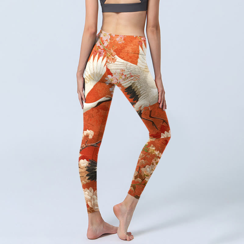 Buddha Stones Red-Crowned Crane Cherry Blossom Lotus Flower Pattern Print Gym Leggings Women's Yoga Pants - image 6