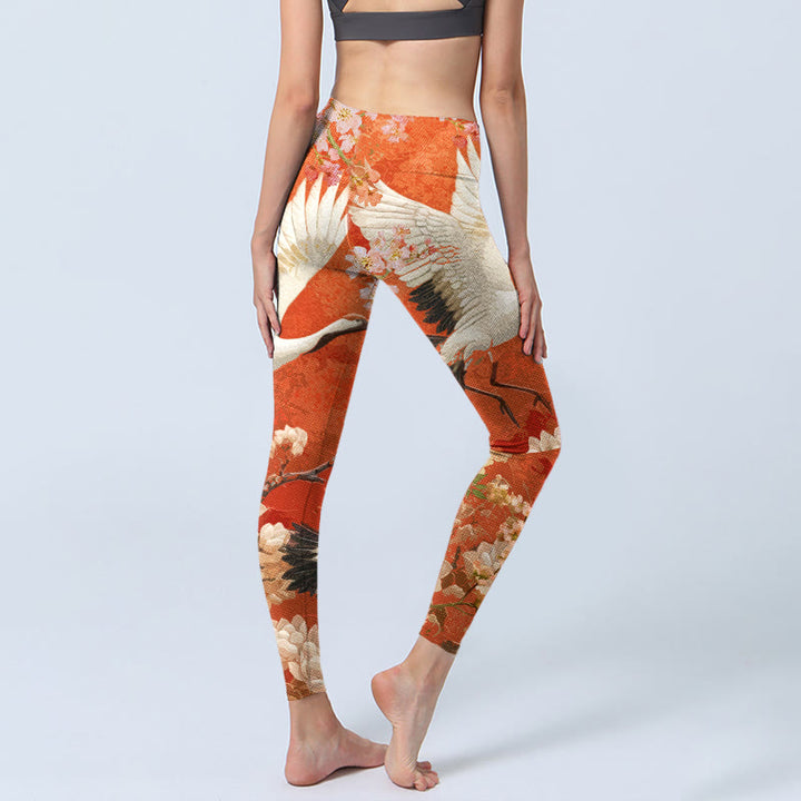 Buddha Stones Red-Crowned Crane Cherry Blossom Lotus Flower Pattern Print Gym Leggings Women's Yoga Pants - image 6