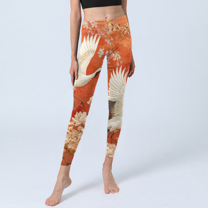 Buddha Stones Red-Crowned Crane Cherry Blossom Lotus Flower Pattern Print Gym Leggings Women's Yoga Pants - image 5