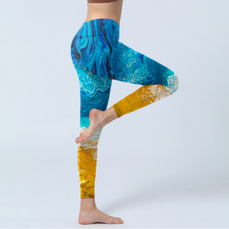Buddha Stones Ocean Wave Golden Shore Pattern Print Gym Leggings Women's Yoga Pants - image 4