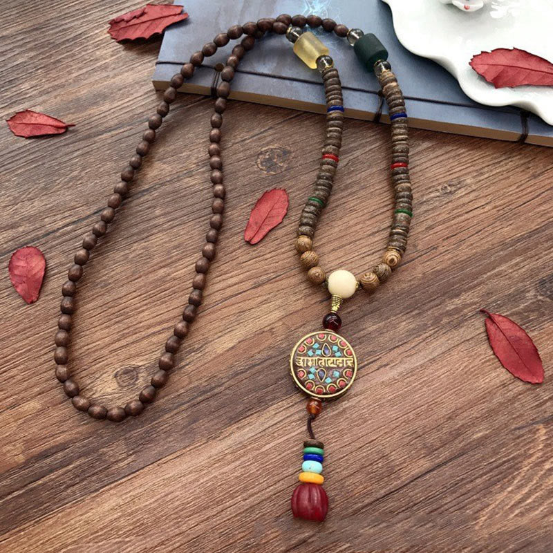Buddha Stones Tibetan Handmade Coconut Shell Schima Wood Great Bright Mantra Copper Bead Balance Necklace Pendant - image 2