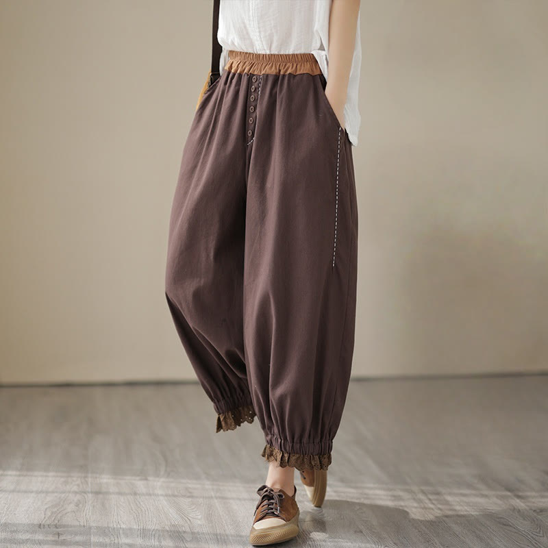 Buddha Stones Casual Spring Solid Color Patchwork Design Women's Cotton Linen Elastic Waistband Harem Pants With Pockets - SaddleBrown - US8-10，UK/AU12-14，EU40-42 (2XL) - image 17
