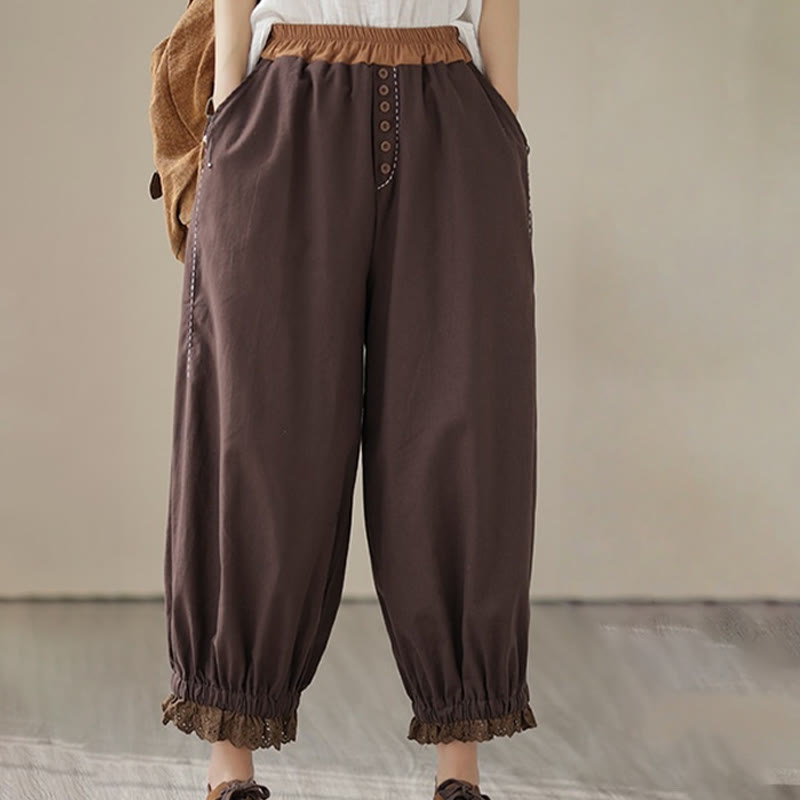 Buddha Stones Casual Spring Solid Color Patchwork Design Women's Cotton Linen Elastic Waistband Harem Pants With Pockets - image 22