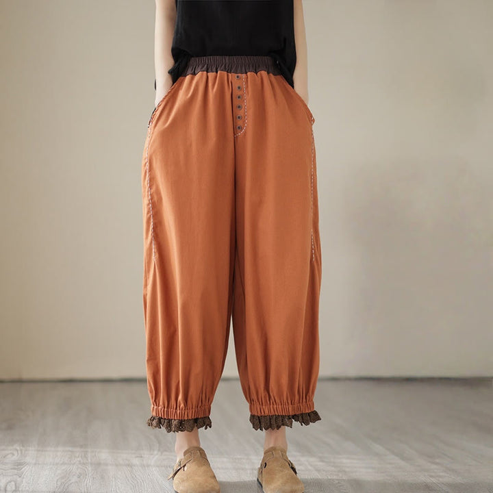 Buddha Stones Casual Spring Solid Color Patchwork Design Women's Cotton Linen Elastic Waistband Harem Pants With Pockets - image 8