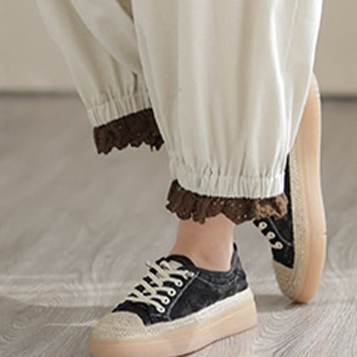 Buddha Stones Casual Spring Solid Color Patchwork Design Women's Cotton Linen Elastic Waistband Harem Pants With Pockets - image 6