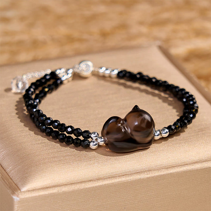 Buddha Stones Ice Obsidian Black Spinel Lying Cat Courage Double Layer Bracelet - image 3